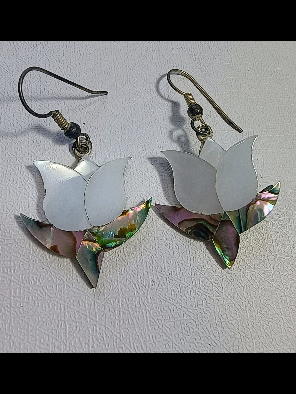 Vintage Mexican Alpaca Silver Inlay Tulip Flower Dangle Earrings MOP Abalone
